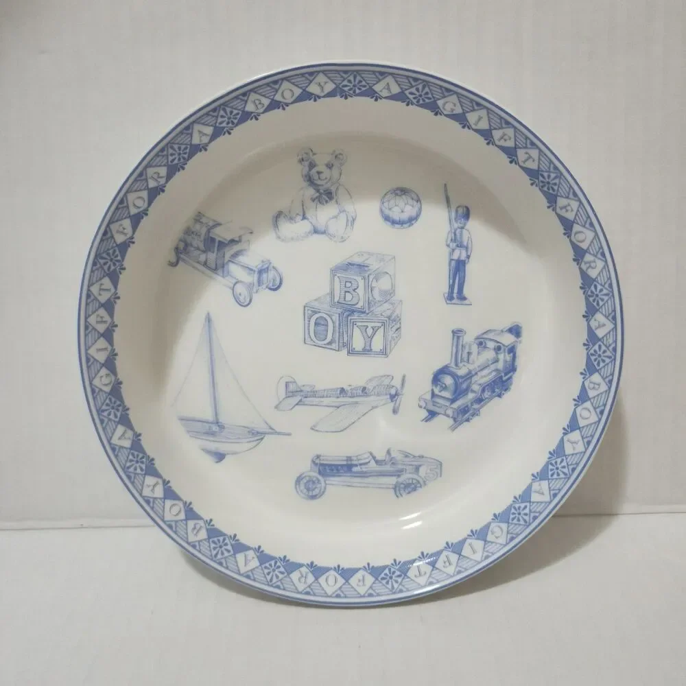 Queen's Porcelain Plate and Bowl Set for Boys White Blue Boys' Toys Pattern